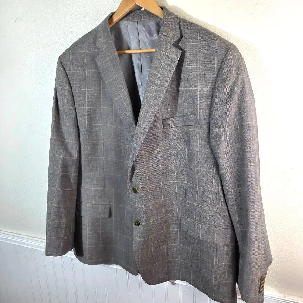 Men's Michael Kors Taupe Two Button Checkered Work Career Blazer Jacket Size 50R